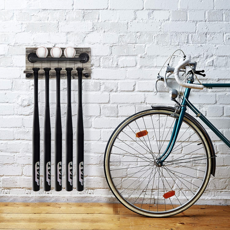 Torched Wood Baseball Holder and Bat Rack with Black Metal Pipe, Wall Mounted Garage Sports Equipment Holder