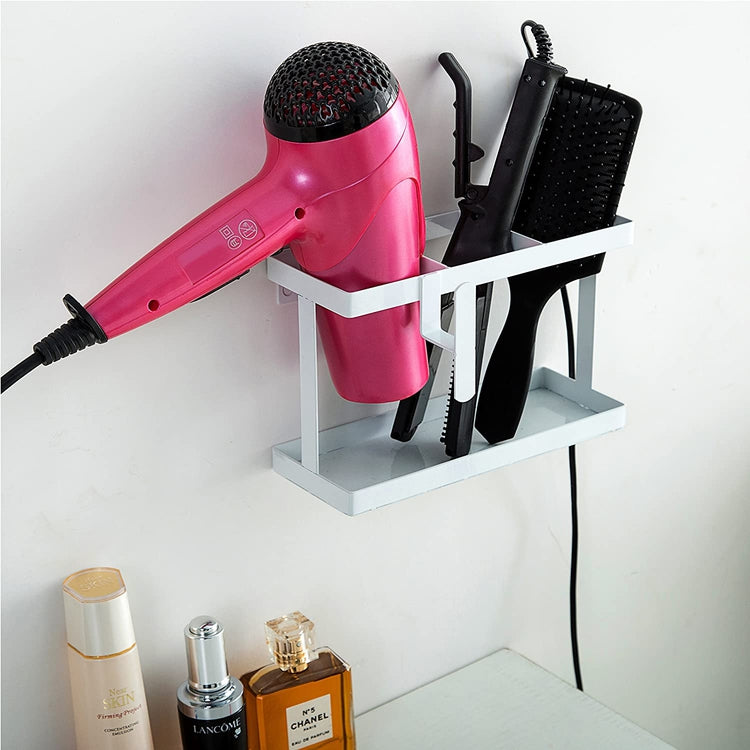 White Metal Wall Mounted Hair Accessory Organizer Caddy, Countertop Blow Dryer and Flat Iron Holder-MyGift