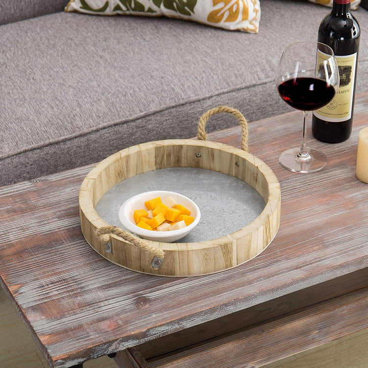 Paulownia Wood & Galvanized Metal 12-inch Round Serving Tray with Rope Handles