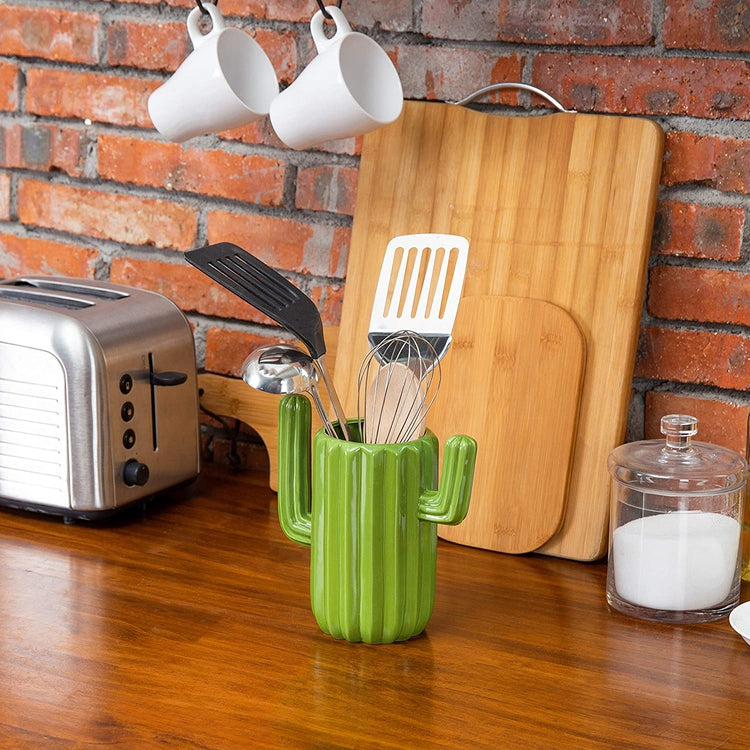 Green Ceramic Cactus-Shaped Utensil Holder-MyGift