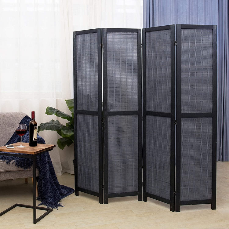 Gray 4-Panel Bamboo Woven Wood Room Divider with Dual-Action Hinges-MyGift