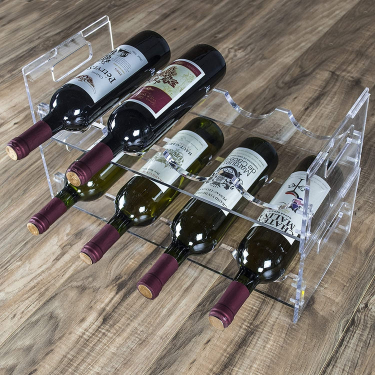 2 Piece Set, Modern Clear Acrylic Freestanding Stackable 8 Bottle Organizer Display Wine Rack-MyGift