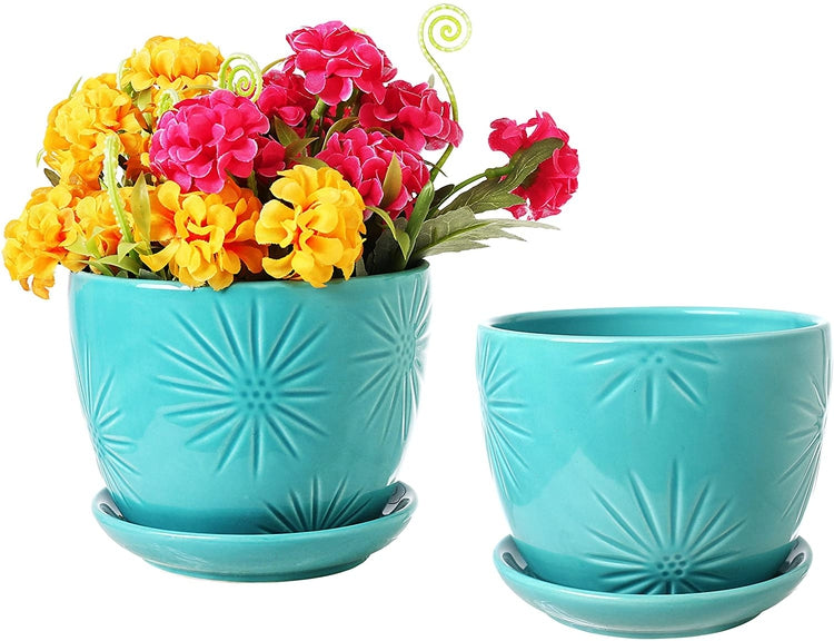Set of 2, Aqua Sunburst Design Ceramic Flower Planters, Decorative Plant Pots with Saucers-MyGift