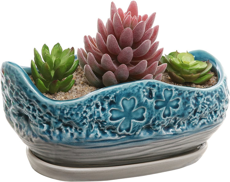Turquoise & Gray Clover Design Ceramic Flower Planter Pot