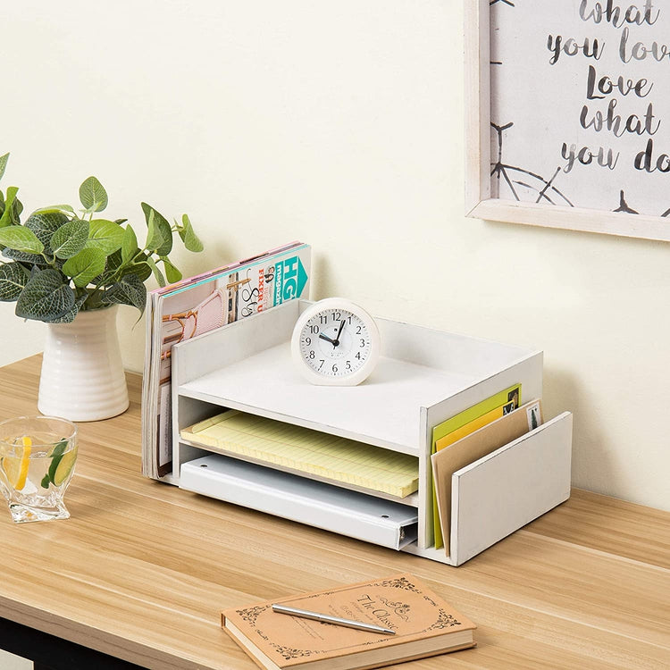 3-Tier Vintage White Wood Office Desktop File & Document Tray and Mail Sorter