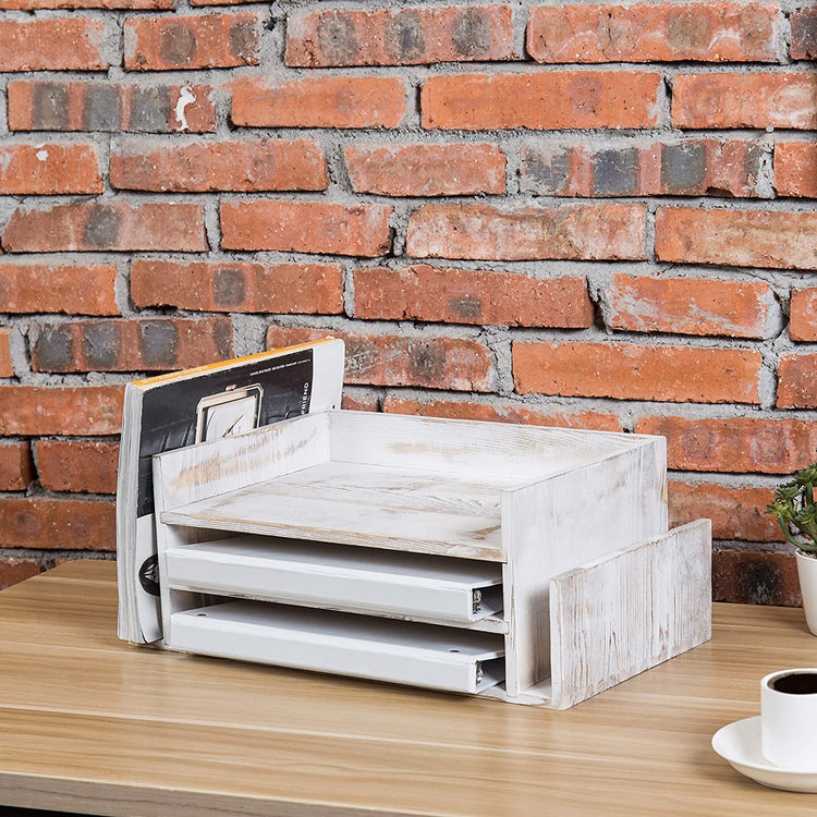 3-Tier Whitewashed Wood Office Desktop File & Document Tray and Mail Sorter
