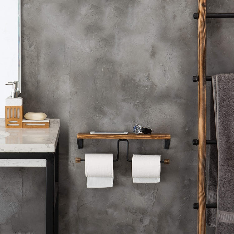 Wall-Mounted Burnt Wood & Black Metal Dual-Roll Toilet Paper Holder with 15-inch Shelf