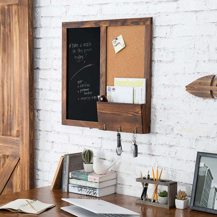 Wall Mounted Chalkboard with Key Hooks and Cork Board, Rustic Dark Brown Wood Mail Sorter-MyGift