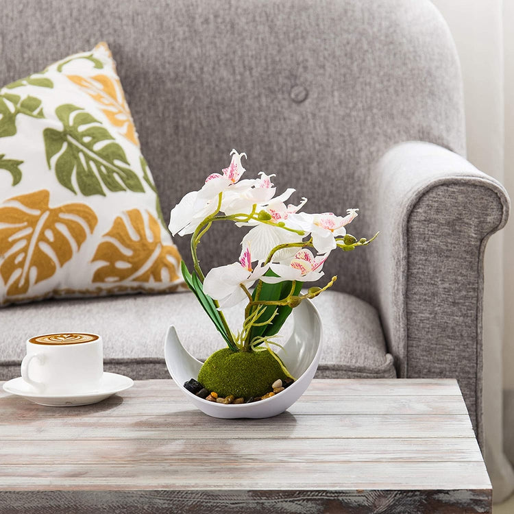 Modern Artificial Flower Decoration, Synthetic Orchids with Sleek Curved White Planter-MyGift