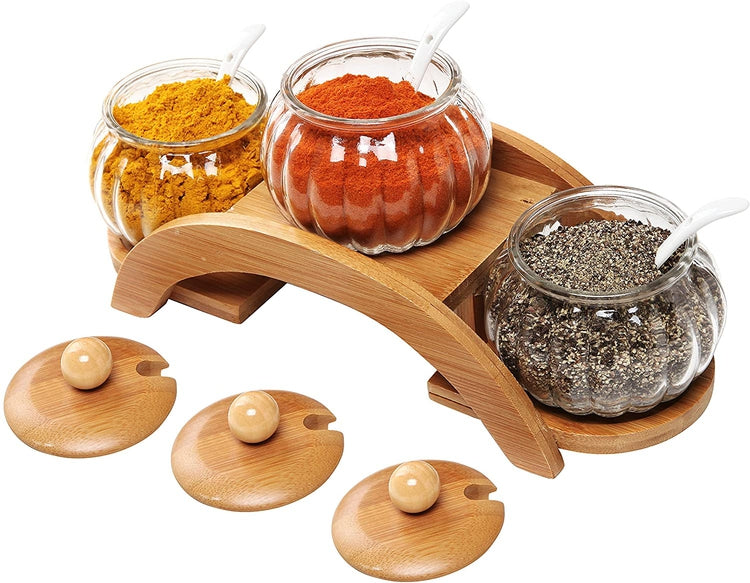 MyGift 8 oz Clear Glass Condiment Round Spice Jars with Ceramic Serving Spoons & Tiered Wood Display Rack, Other