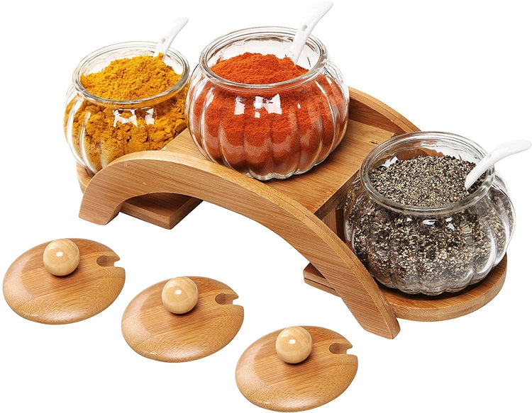 16 oz Round Glass Jars with Ceramic Serving Spoons & Tiered Wood Display Rack, Set of 3