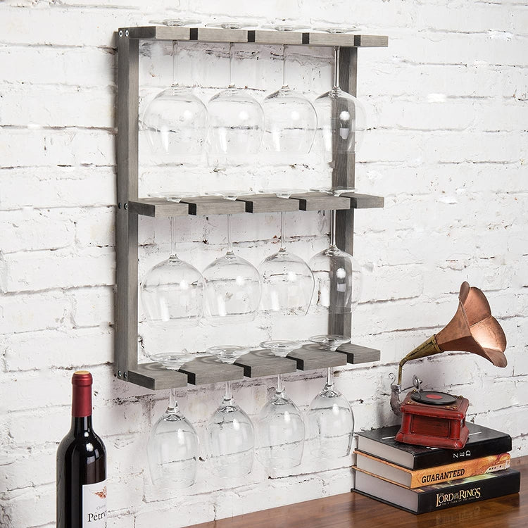 Gray Wood Wall-Mounted 12 Wine Glass Holder Rack, Inverted Stemware Display-MyGift