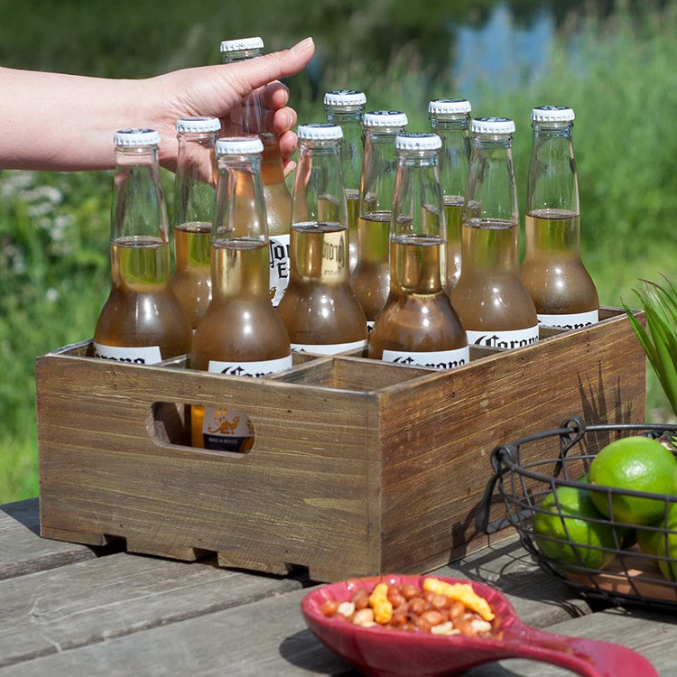6-Slot Barnwood & Galvanized Metal Wine/Beer Bottle Crate with Handles