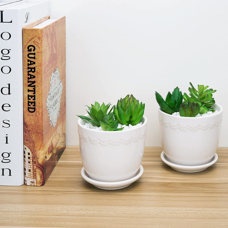 Set of 2, White 4-Inch Scallop Design Succulent Planter with Attached Saucers, Ceramic Pot-MyGift