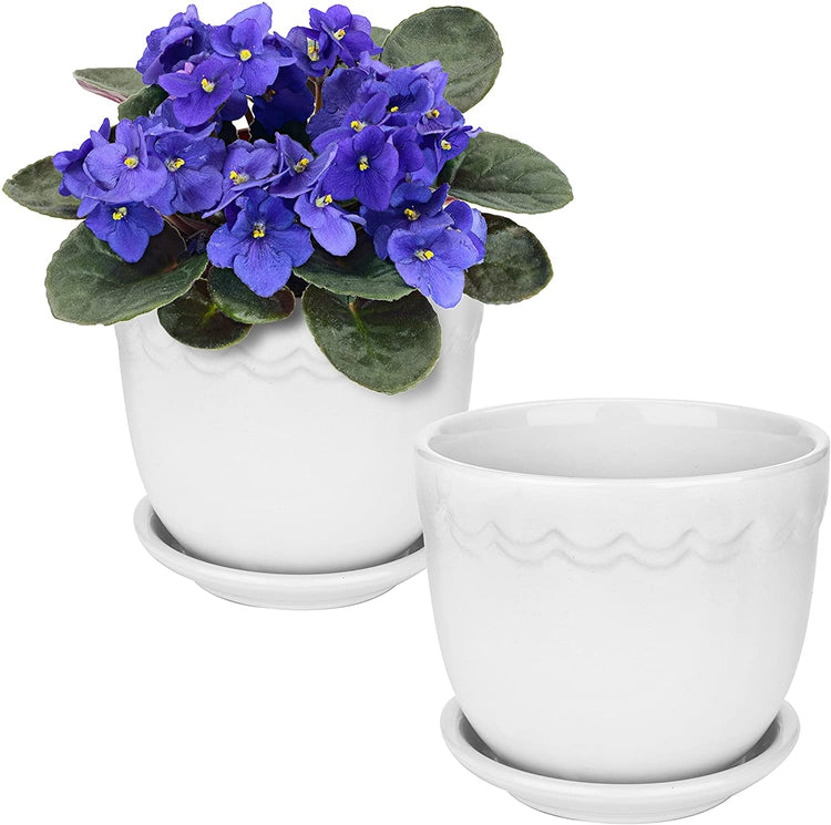 Set of 2, White 4-Inch Scallop Design Succulent Planter with Attached Saucers, Ceramic Pot-MyGift