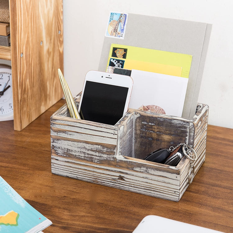 Torched Wood 3-Compartment Desktop Stationary Organizer, Remote Control and Media Storage Holder