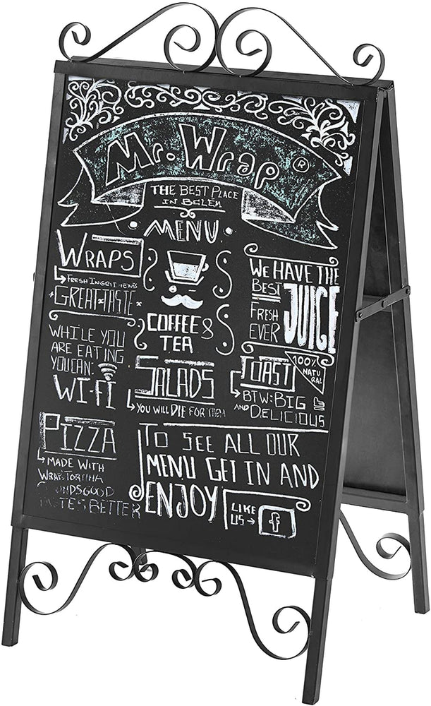Black Metal Scrollwork Design Large A-Frame Freestanding Chalkboard Sign, Sidewalk Message Board-MyGift