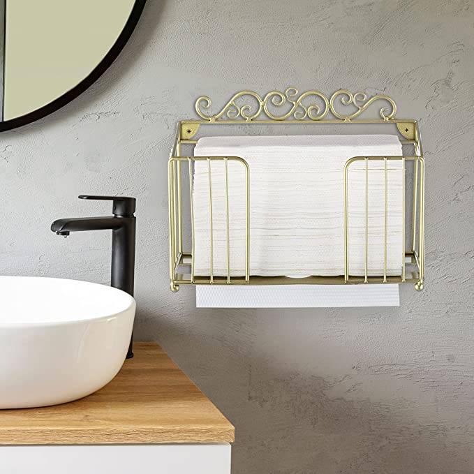 Brass Tone Metal Bathroom Paper Towel Holder with Scrollwork Design, Napkin Dispenser Rack-MyGift