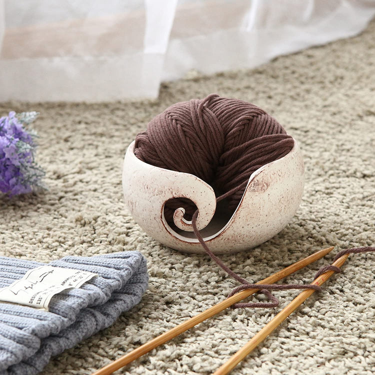 Handcrafted White Ceramic Knitting and Crocheting Yarn Storage Bowl, Holder  with Swirl Design