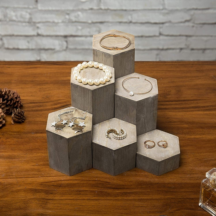 Brown Wood Hexagonal Jewelry Display Stand Riser, Set of 6
