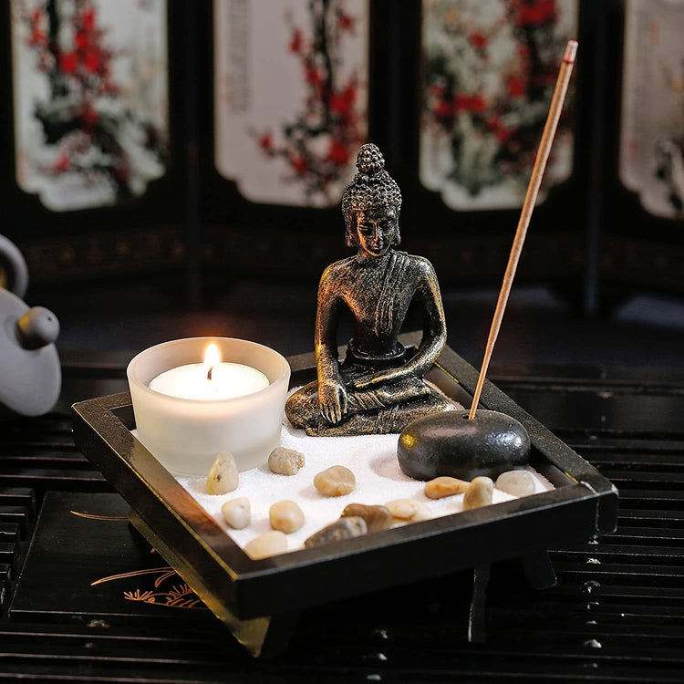 Mini Zen Rock Garden w/ Buddha Statue, Black Wood Incense & Tealight Candle Holder
