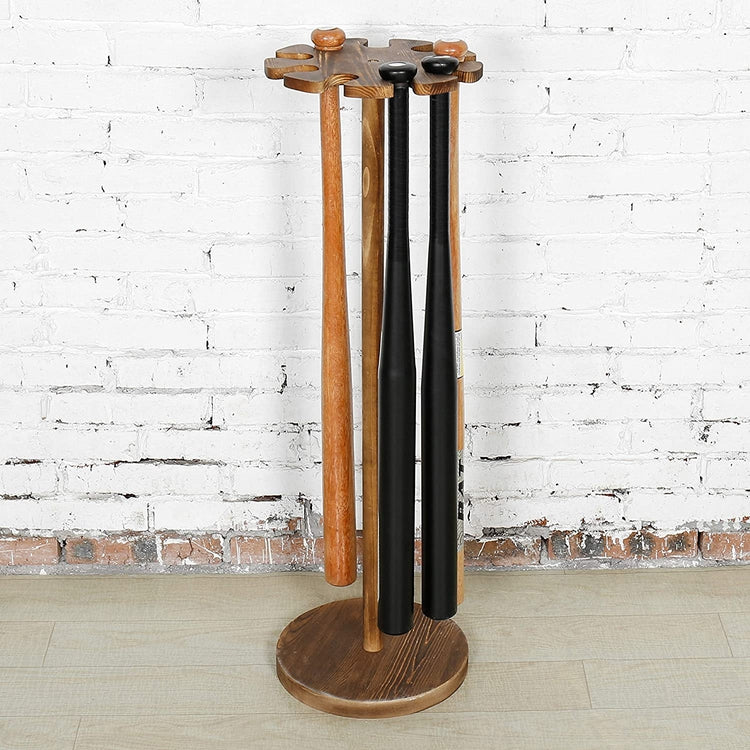 Rustic Wood Freestanding Baseball Bat Storage Display Rack, Holds 9 Bats-MyGift