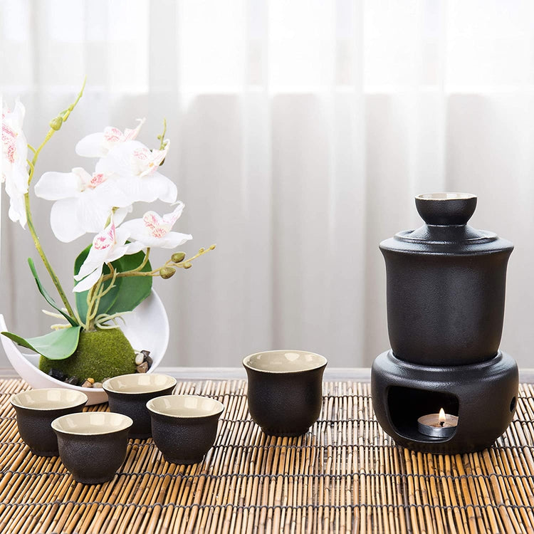 8 Piece Black Ceramic Japanese Traditional Sake Set Server with Warmer