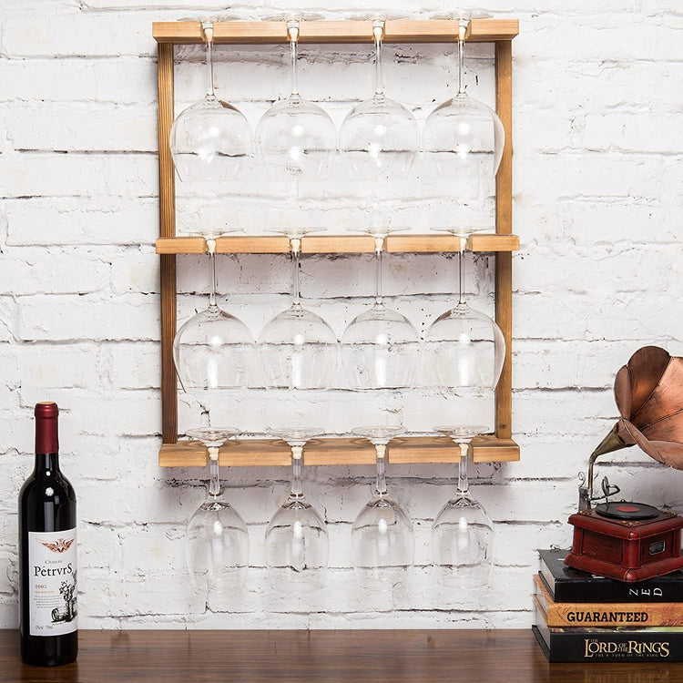 Burnt Wood Wall-Mounted 12 Wine Glass Holder Rack
