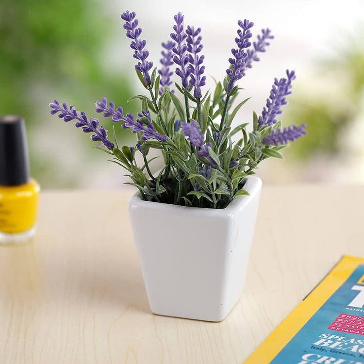 3 Pack 7.5 Inch Tall Artificial Lavender Plant with Square Ceramic Plant Pot