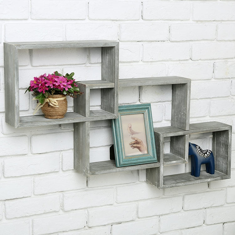 Wall-Mounted Weathered Gray Interlocking Wooden Shadow Boxes