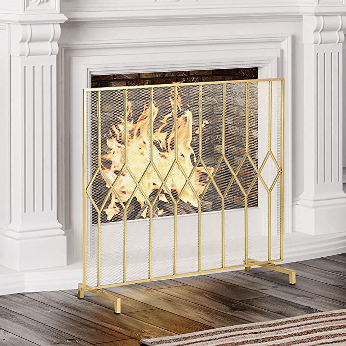 Gold Tone Metal Art Deco Single Panel Fireplace Screen, Freestanding Mesh Grate Fire Spark Guard Protector Cover, 39 x 31 Inch