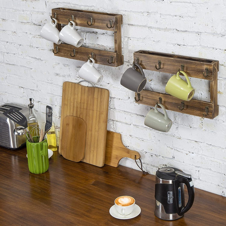 Set of 2 Wall-Mounted Burnt Wood 8 Hook Coffee Mug Hanging Racks, Mug Rack for Kitchen-MyGift