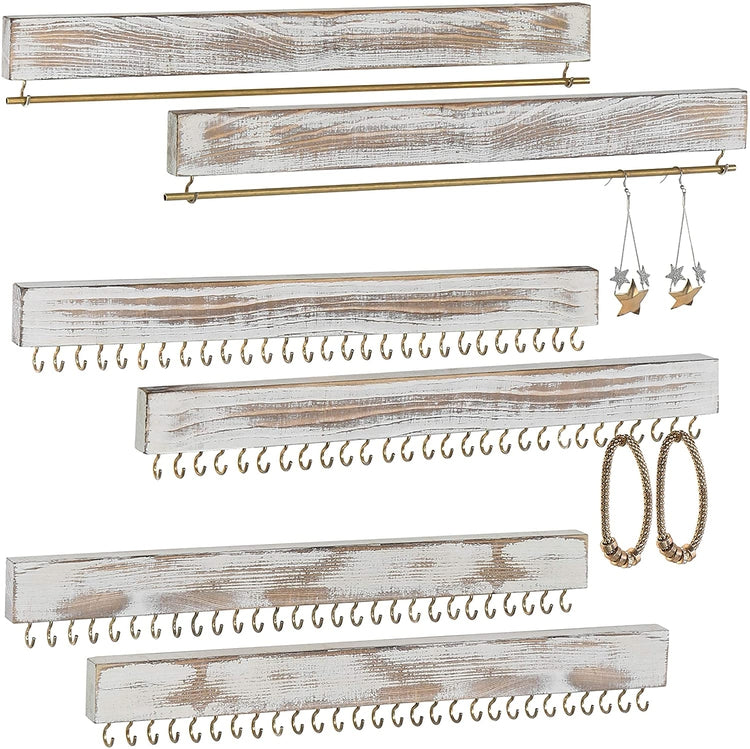 Set of 2, 3-Piece Wall Mounted Rustic Whitewashed Wood Jewelry Racks-MyGift