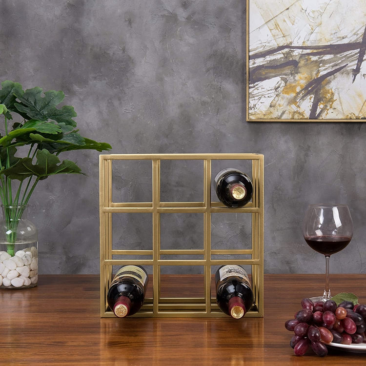 Modern Brass Tone Metal 9-Slot Grid Wine Bottle Rack