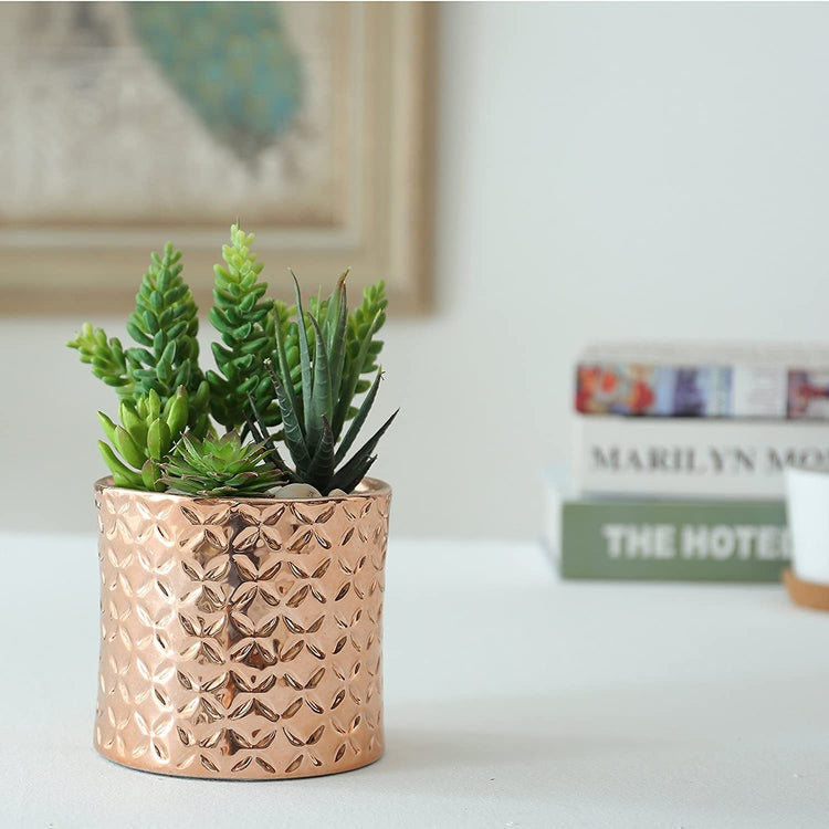 Metallic Rose Gold Round Ceramic Canister Planter Pot with Diamond Texture