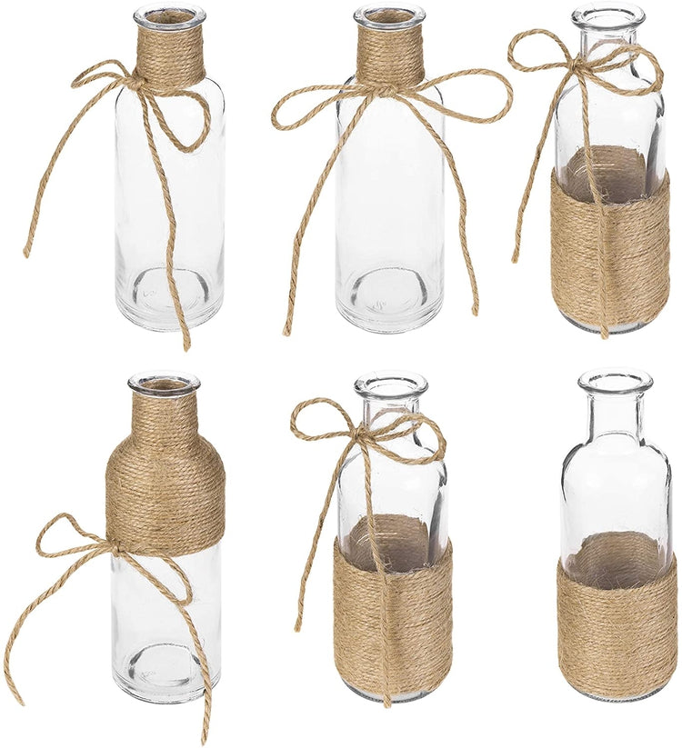 Set of 6, 6.5 Inch Assorted Decorative Small Glass Flower Bud Vases with Rope Design-MyGift