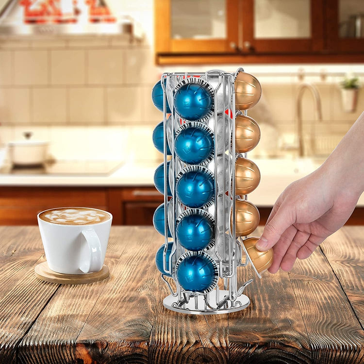 20 Capsule Capacity, Chrome-Plated Rotating Coffee Pod Dispenser-MyGift