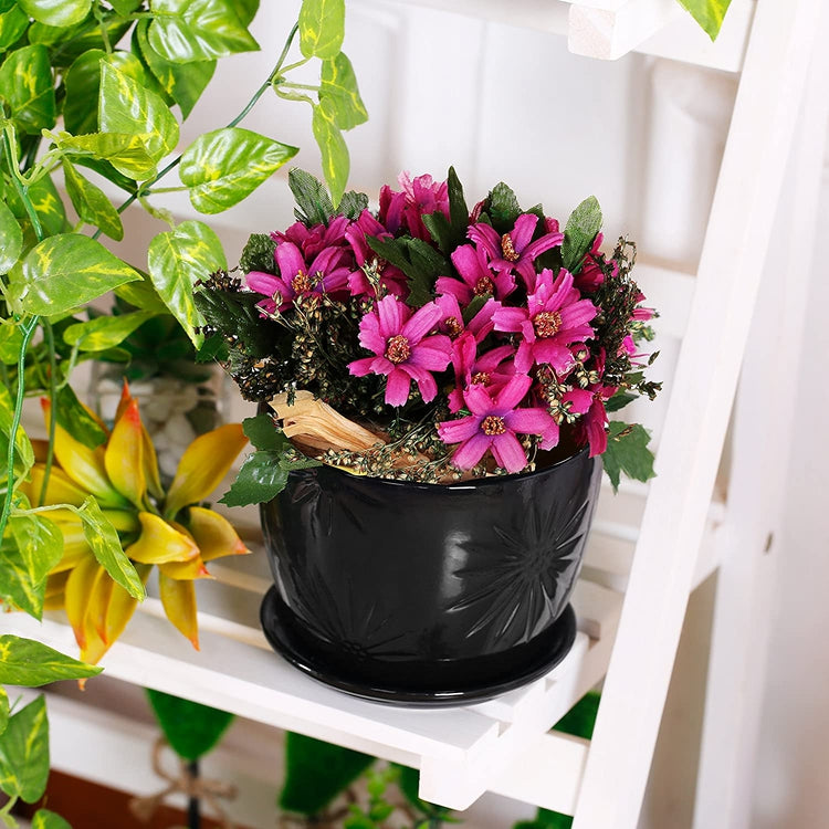 Set of 2 Black Starburst Design Flower Pots, Ceramic Planters with Saucers-MyGift