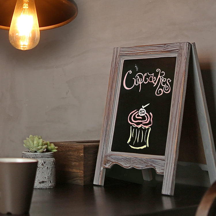 Rustic Distressed Brown Wood A-Frame Tabletop Double-Sided Easel Style Chalkboard with Scalloped Bottom