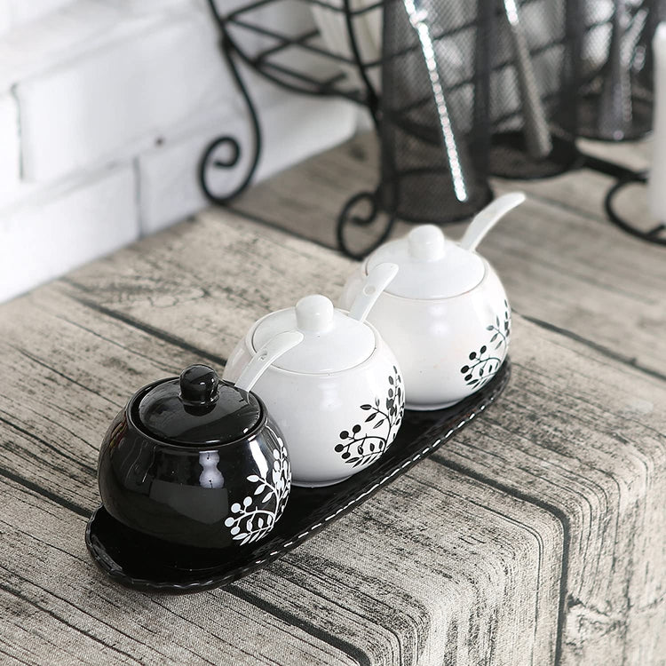 7oz Black & White Ceramic Floral Tree Spice Jars, Condiment Pots with Spoons and Tray, Set of 3