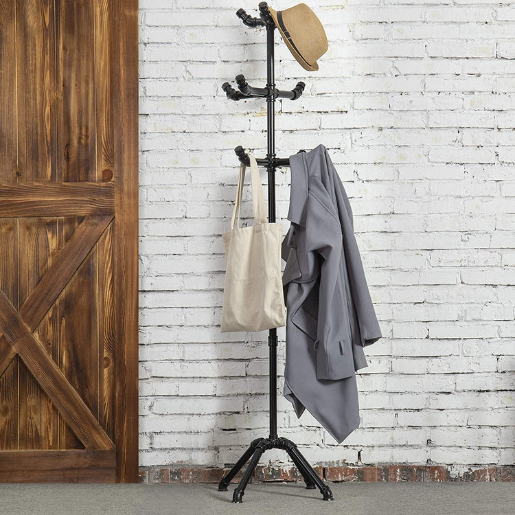 65-Inch Industrial Black Metal Pipe Coat Stand with 10-Hooks