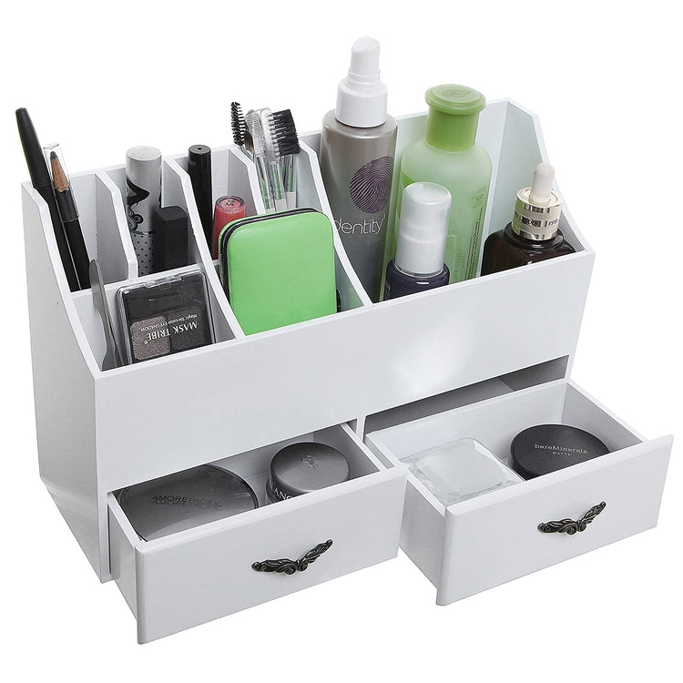 White Wood Cosmetics Organizer, Makeup & Beauty Accessories Storage Rack with Drawers-MyGift
