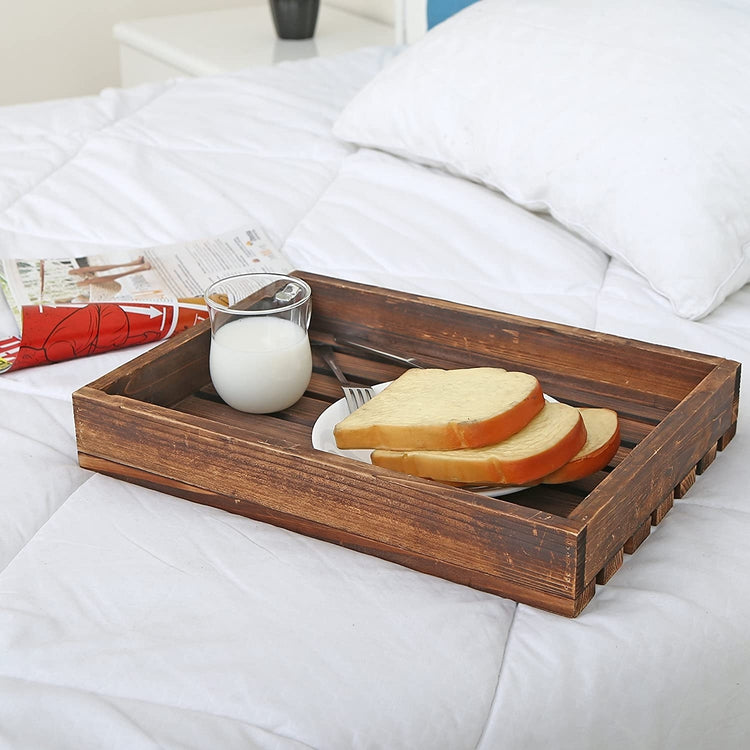 Country Rustic Wood Slat Breakfast Serving Tray, Rectangular Display Stand, Dark Brown-MyGift
