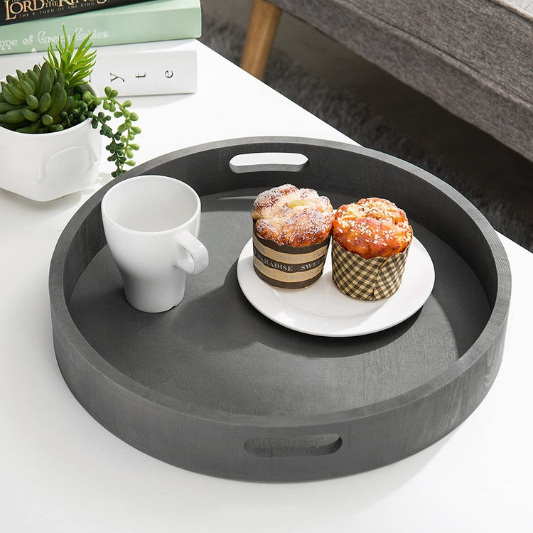 Round Nesting Charcoal Gray Wood Serving Trays, Set of 2