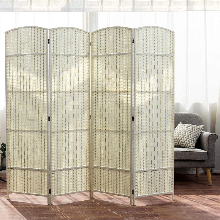 4-Panel Dual-Hinged Freestanding Woven Ivory Wood Room Divider