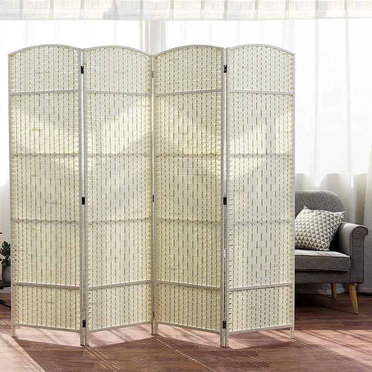 4-Panel Dual-Hinged Freestanding Woven Ivory Wood Room Divider-MyGift