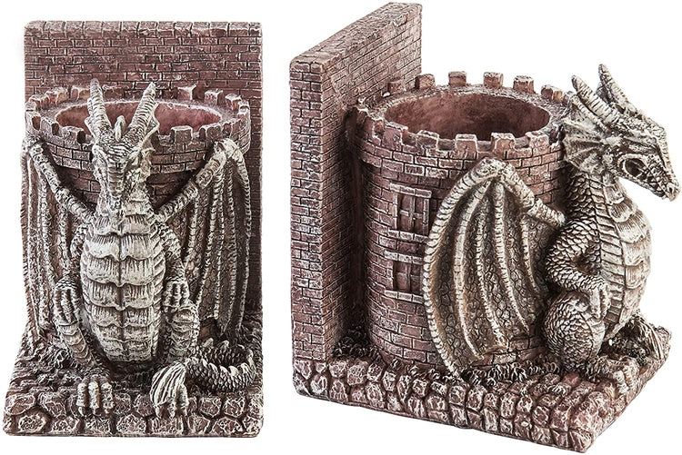 Dragon Guard Castle Decorative Resin Bookends, Stone Colored Pencil Holders-MyGift