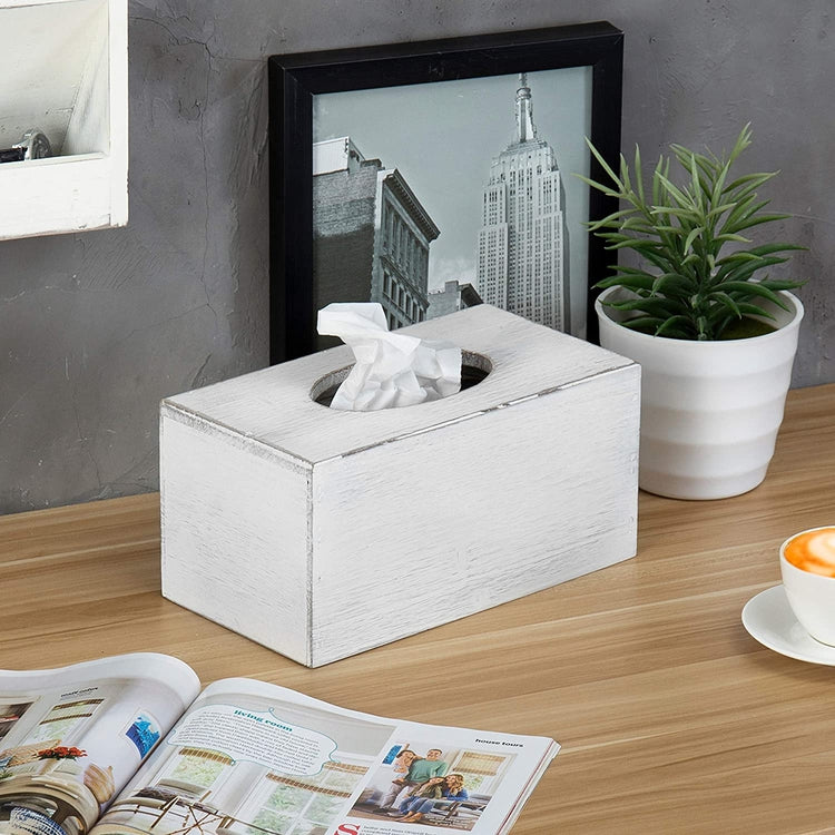 Vintage White Wooden Rectangular Facial Tissue Box Cover Holder