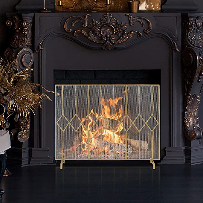 Gold Tone Metal Art Deco Single Panel Fireplace Screen, Freestanding Mesh Grate Fire Spark Guard Protector Cover, 39 x 31 Inch-MyGift