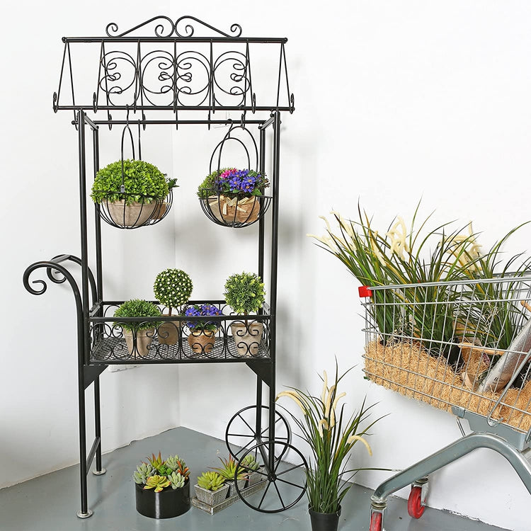 Black Metal Scrollwork Freestanding Trolley Cart, Plant Stand with 4 Hanging Flower Baskets